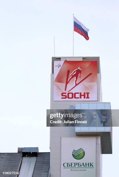 General view at the top of RusSki Gorki Ski Jump which will be used for the Ski Jumping event at the Sochi Winter Olympics 2014 during the FIS Ski...