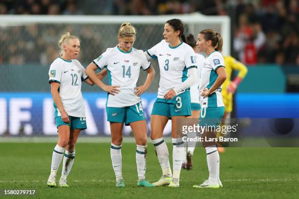 New Zealand players show dejection after the scoreless draw confirming the elimination from the tournament following the FIFA Women's World Cup...