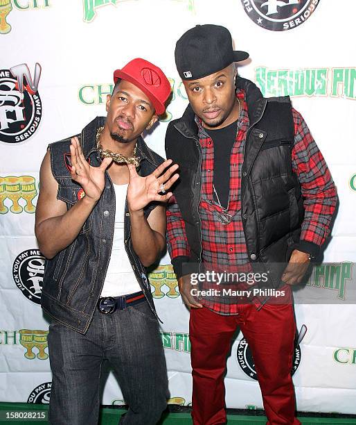 Actor Nick Cannon and DJ D Wrek attend The Official International Players Ball 2012 and birthday celebration for Arch Bishop Don Magic Juan at Key...