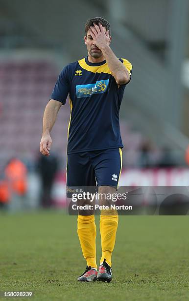 Presenter Gethin Jones in action during the William Hill Foundation Cup Celebrity Charity Challenge Match at Sixfields on December 9, 2012 in...