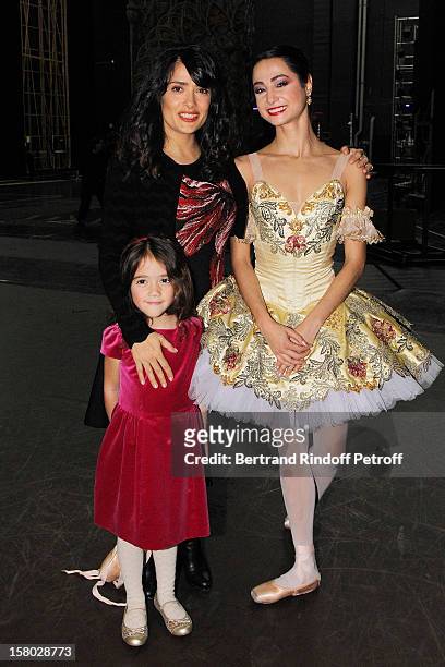 Salma Hayek, her daughter Valentina Paloma Pinault and dancer Mathilde Froustey pose after the Don Quichotte Ballet Hosted By 'Reve d'Enfants'...