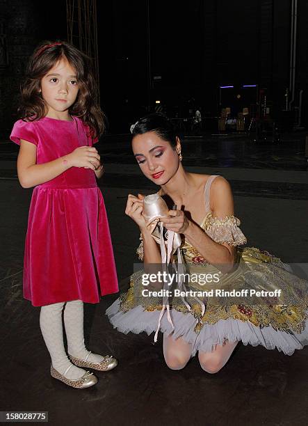 Dancer Mathilde Froustey poses with Salma Hayek's daughter Valentina Paloma Pinault after the Don Quichotte Ballet Hosted By 'Reve d'Enfants'...