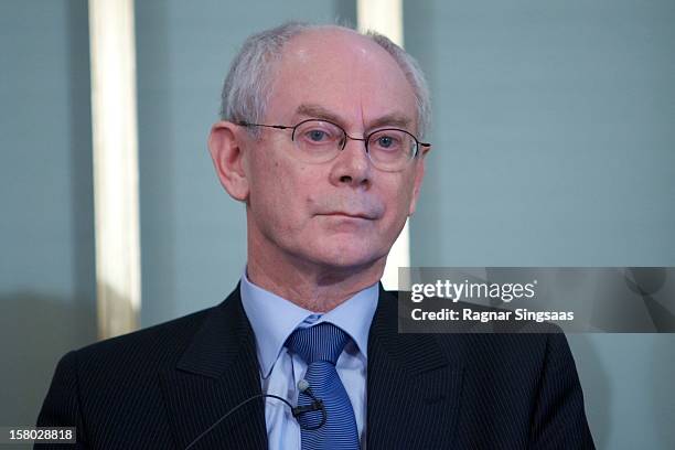 President of the European Union Herman Van Rompuy talks to the media at the press conference ahead of the Nobel Peace Prize on December 9, 2012 in...