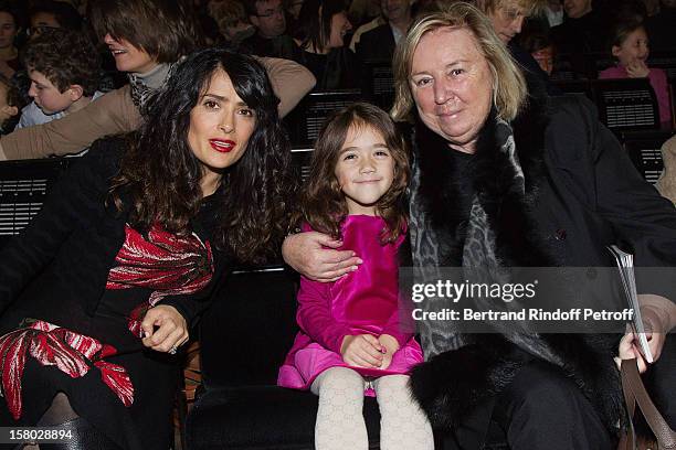 Salma Hayek, her daughter Valentina Paloma Pinault and Madame Francois Pinault pose during the Don Quichotte Ballet Hosted By 'Reve d'Enfants'...