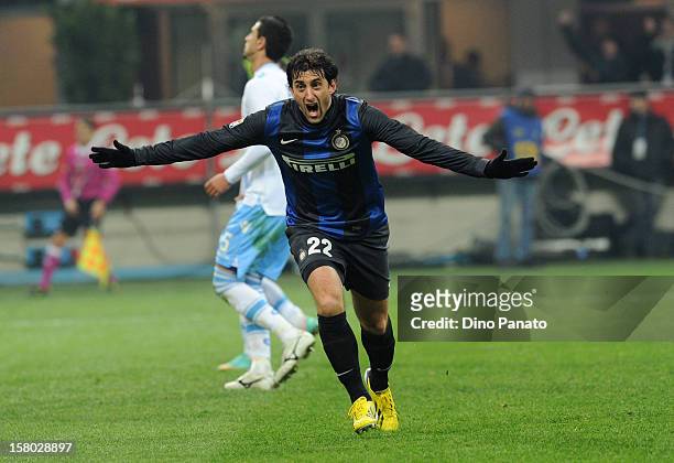 Diego Milito of Internazionale Milano celebrates after scoring their second goal during the Serie A match between FC Internazionale Milano and SSC...