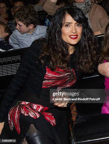 Salma Hayek poses during the Don Quichotte Ballet Hosted By 'Reve d'Enfants' Association and AROP at Opera Bastille on December 9, 2012 in Paris,...