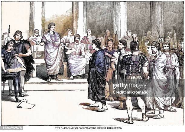 old engraved illustration of the catilinarian conspiracy (sometimes second catilinarian conspiracy) was an attempted coup d'état by lucius sergius catilina (catiline) to overthrow the roman consuls of 63 bc - bad politician stock pictures, royalty-free photos & images