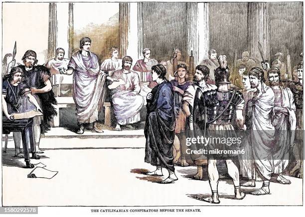 old engraved illustration of the catilinarian conspiracy (sometimes second catilinarian conspiracy) was an attempted coup d'état by lucius sergius catilina (catiline) to overthrow the roman consuls of 63 bc - senado imagens e fotografias de stock