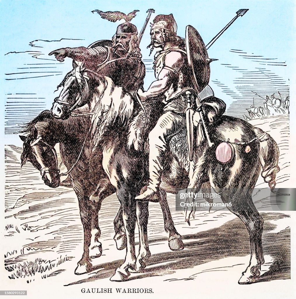 Old engraving illustration of Gaulish (Celtic) warriors on horseback