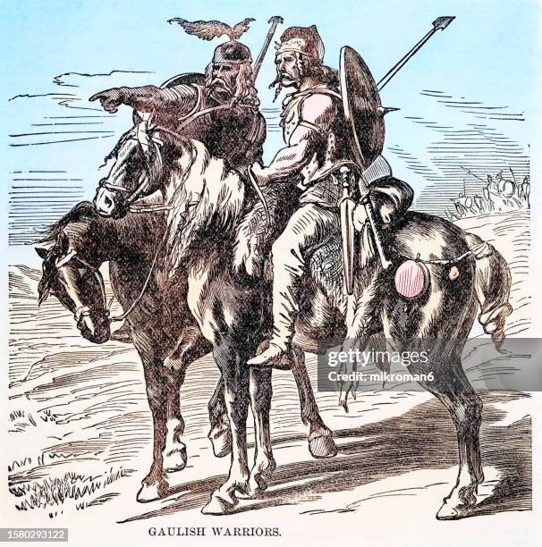 old engraving illustration of gaulish (celtic) warriors on horseback - celtic style stockfoto's en -beelden