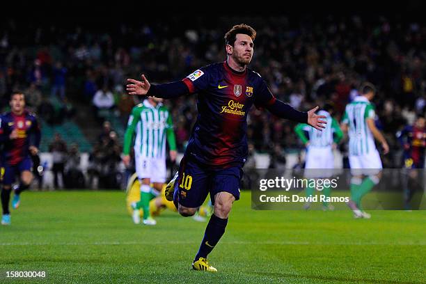 Lionel Messi of FC Barcelona celebrates after scoring the opening goal during the La Liga match between Real Betis Balompie and FC Barcelona at...