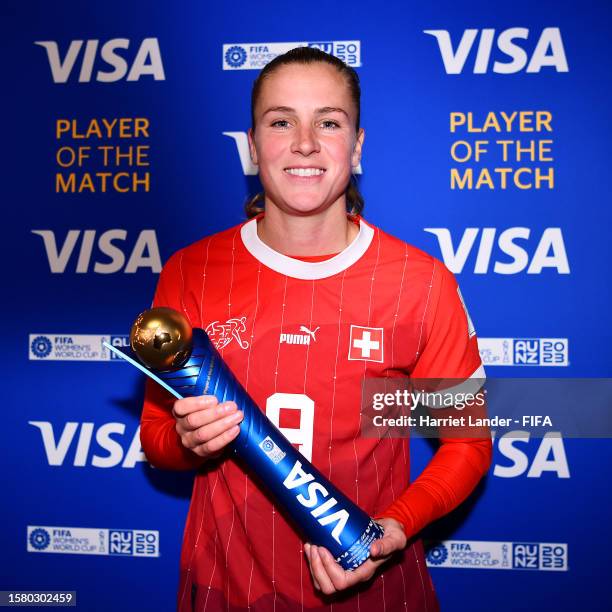Ana-Maria Crnogorcevic of Switzerland poses for a photo with her VISA Player of the Match award after the FIFA Women's World Cup Australia & New...