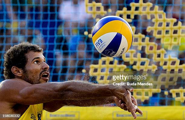 Moises in action during a beach volleyball match for the 6th stage of the season 2012/2013 Circuit Bank of Brazil at Copacabana Beach on December 08,...