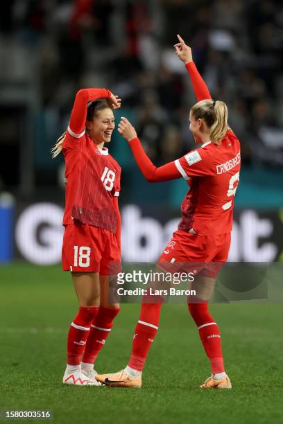 Viola Calligaris and Ana-Maria Crnogorcevic of Switzerland celebrate after the team's qualification for the knockout stage following the scoreless...