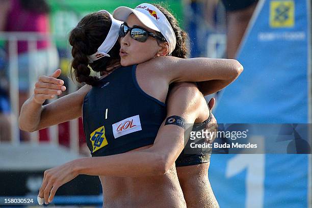 Carolina and Maria Clara celebrates during a beach volleyball match as part of the 6th stage of the season 2012/2013 Circuit Bank of Brazil at...