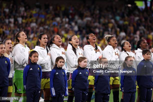Players of Colombia sing the National Anthem prior to the FIFA Women's World Cup Australia & New Zealand 2023 Group H match between Germany and...