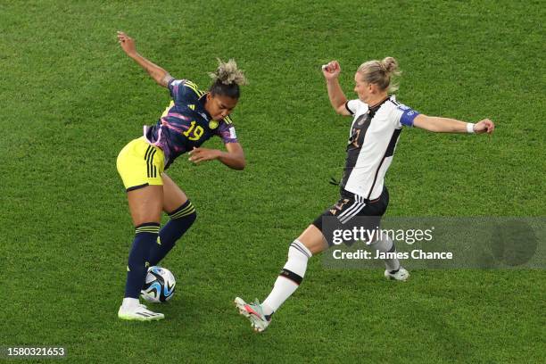 Jorelyn Carabali of Colombia and Alexandra Popp of Germany battle for the ball during the FIFA Women's World Cup Australia & New Zealand 2023 Group H...