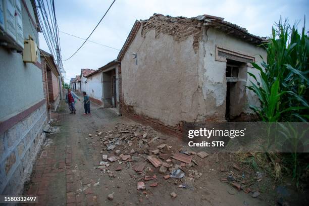 Damaged house is seen in Pingyuan county, Dezhou city, in China's eastern Shandong province, on August 6 following a 5.4-magnitude earthquake that...