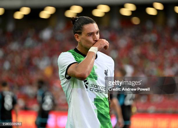 Darwin Nunez of Liverpool celebrates after scoring the opening goal during the pre-season friendly match between Liverpool FC and Leicester City at...