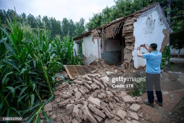 Damaged house is seen in Pingyuan county, Dezhou city, in China's eastern Shandong province, on August 6 following a 5.4-magnitude earthquake that...