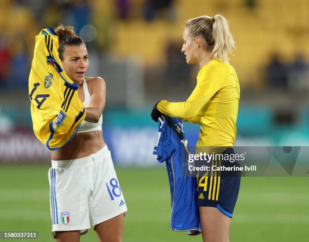 Nathalie Bjorn of Sweden swaps shirts with Arianna Caruso of Italy after the FIFA Women's World Cup Australia & New Zealand 2023 Group G match...