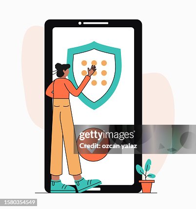 Personality Verification, Secure Account Access, Privacy Data Protection, VPN Concept. Website, Data Security or Internet Privacy.Woman is breaking the firewall with her password. Personality Verification, Secure Account Access, Privacy Data Protection, VPN Concept. Website, Data Security or Internet Privacy.Woman is breaking the firewall with her password.