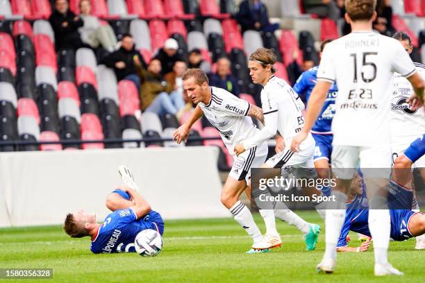 Dimitri LIENARD and Tom DUCROCQ of Bastia during the Ligue 2 BKT match between US Concarneau and Sporting Club Bastia at Stade du Roudourou on August...