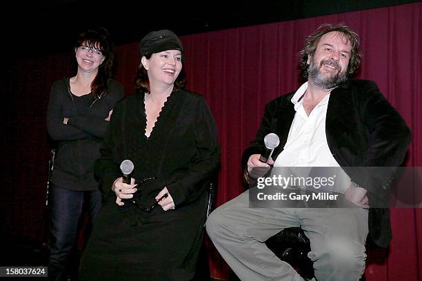 Fran Walsh, Philippa Boyens and Peter Jackson speak after a screening of the new film "The Hobbit" during Ain't It Cool News's Butt-Numb-A-Thon 14 at...