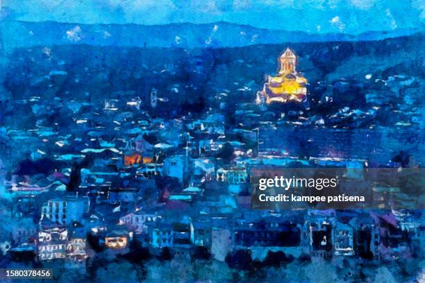 enchanting night scene: sameba cathedral in abstract watercolors, tbilisi, georgia - oil painting city stock pictures, royalty-free photos & images