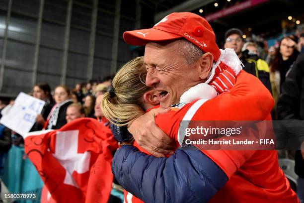 Ana-Maria Crnogorcevic of Switzerland hugs a crowd member after the FIFA Women's World Cup Australia & New Zealand 2023 Group A match between...