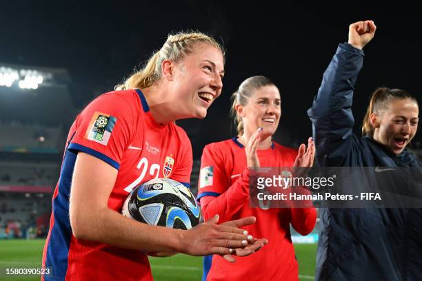 Hege Riise, Head Coach of Norway and Sophie Roman Haug of Norway and Maren Mjelde of Norway celebrate winning the FIFA Women's World Cup Australia &...