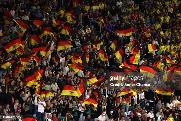 Fans of Germany wave flags during the FIFA Women's World Cup Australia & New Zealand 2023 Group H match between Germany and Colombia at Sydney...