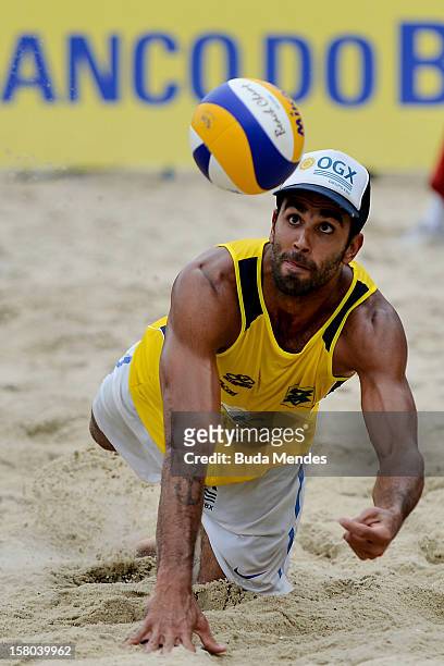 Pedro Solberg in action during a beach volleyball match against the 6th stage of the season 2012/2013 Circuit Bank of Brazil at Copacabana Beach on...