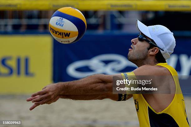 Bruno Schmidt in action during a beach volleyball match against the 6th stage of the season 2012/2013 Circuit Bank of Brazil at Copacabana Beach on...