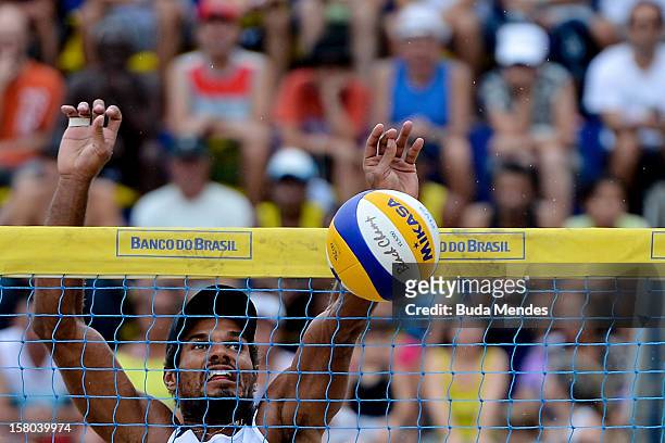 Moises in action during a beach volleyball match against the 6th stage of the season 2012/2013 Circuit Bank of Brazil at Copacabana Beach on December...