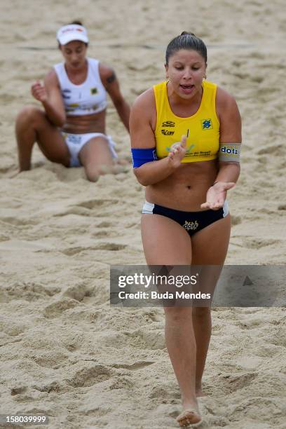 Rebecca celebrates a point in action during a beach volleyball match against the 6th stage of the season 2012/2013 Circuit Bank of Brazil at...