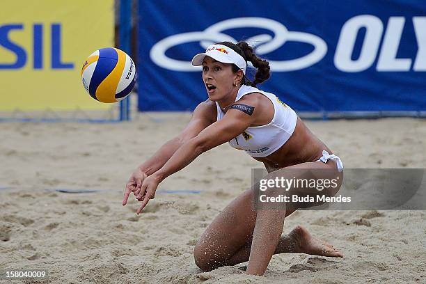 Maria Clara in action during a beach volleyball match against the 6th stage of the season 2012/2013 Circuit Bank of Brazil at Copacabana Beach on...