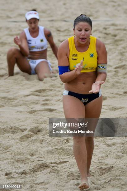 Rebecca celebrates a point in action during a beach volleyball match against the 6th stage of the season 2012/2013 Circuit Bank of Brazil at...