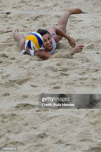 Maria Clara in action during a beach volleyball match against the 6th stage of the season 2012/2013 Circuit Bank of Brazil at Copacabana Beach on...