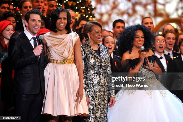 Singer Chris Mann, First Lady Michelle Obama, Marian Shields Robinson and singer Diana Ross speak onstage during TNT Christmas in Washington 2012 at...