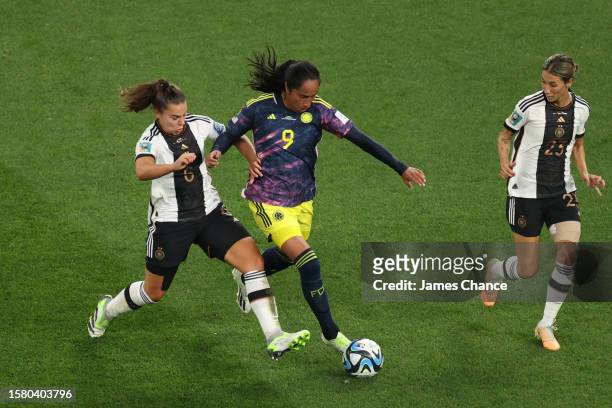 Mayra Ramirez of Colombia and Lena Oberdorf of Germany battle for the ball during the FIFA Women's World Cup Australia & New Zealand 2023 Group H...