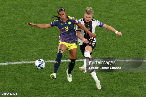 Alexandra Popp of Germany and Daniela Arias of Colombia battle for the ball during the FIFA Women's World Cup Australia & New Zealand 2023 Group H...