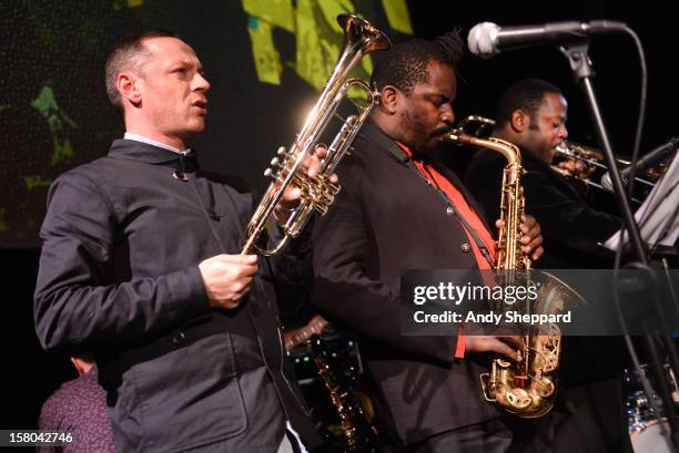 Sean Corby, Jason Yarde and Harry Brown perform for the Jazz in the Round 2012 Christmas Special at The Cockpit Theatre on December 9, 2012 in...