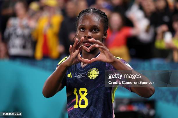 Linda Caicedo of Colombia celebrates after scoring her team's first goal during the FIFA Women's World Cup Australia & New Zealand 2023 Group H match...