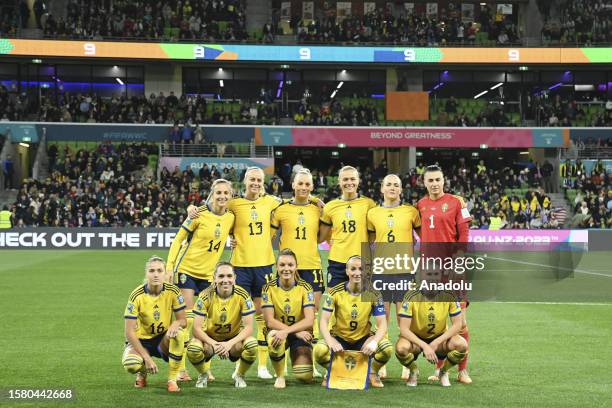 Sweden starting XI pose for a team photo ahead of the 2023 FIFA Women's World Cup Round of 16 match between Sweden and United States at Melbourne...