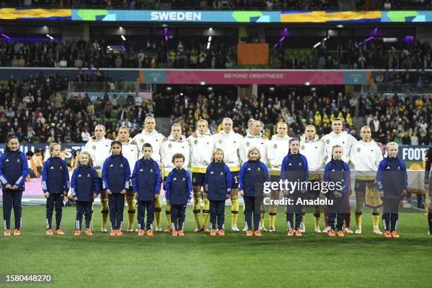 Sweden during the national anthem ahead of the 2023 FIFA Women's World Cup Round of 16 match between Sweden and United States at Melbourne...