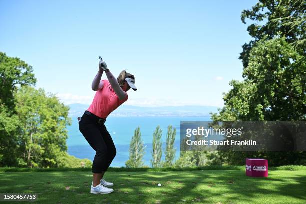 Brooke M. Henderson of Canada tees off on the 2nd hole during the Final Round of the Amundi Evian Championship at Evian Resort Golf Club on July 30,...
