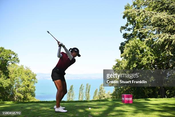 Celine Boutier of France tees off on the 2nd hole during the Final Round of the Amundi Evian Championship at Evian Resort Golf Club on July 30, 2023...