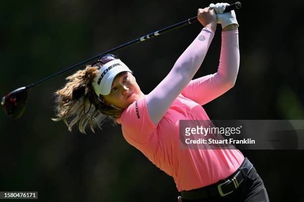 Brooke M. Henderson of Canada tees off on the 4th hole during the Final Round of the Amundi Evian Championship at Evian Resort Golf Club on July 30,...