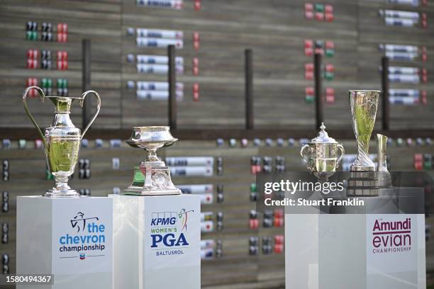 General view of the five trophies of LPGA majors, The Chevron Championship, Women's PGA Championship, U.S. Women's Open, The Evian Championship and...